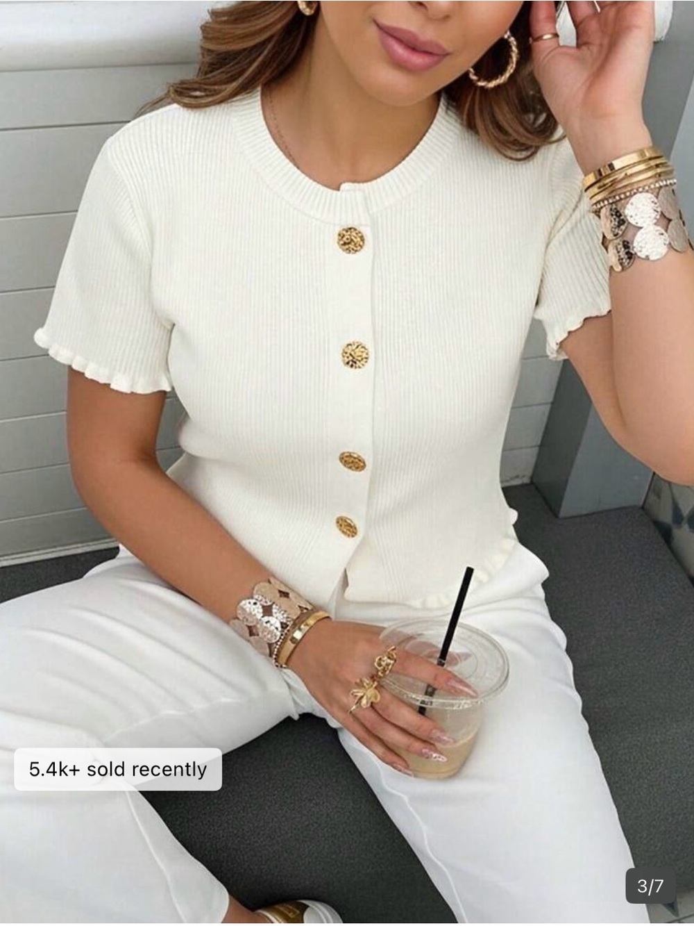 Forever 21 Cream Short Sleeve Knit Top with Gold Buttons